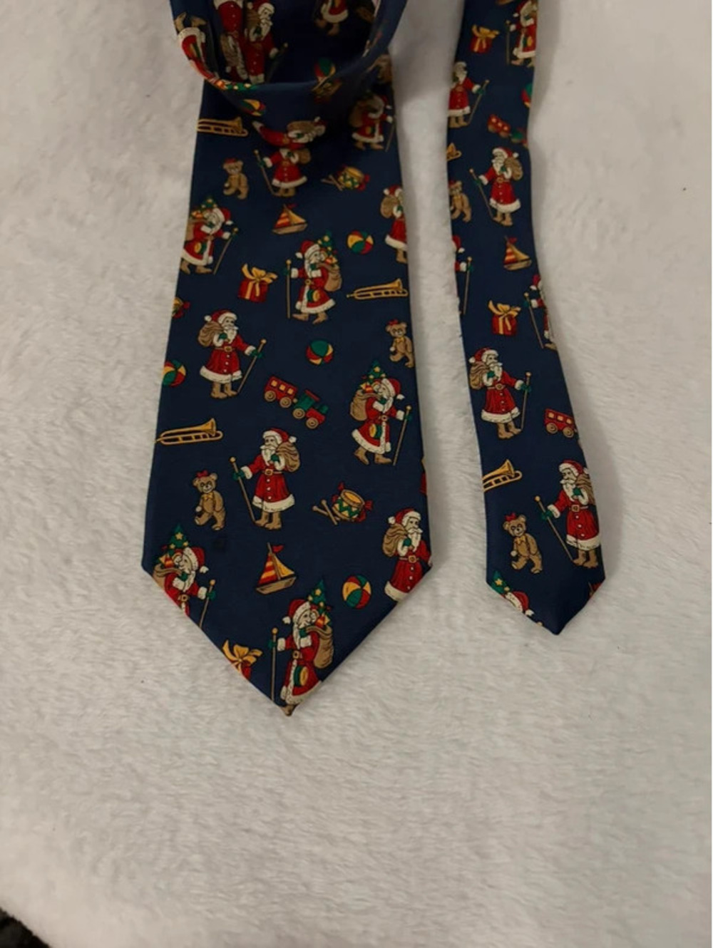 Vintage Lands’ End Christmas Silk Tie Santa Claus Toys Navy Blue Made in USA